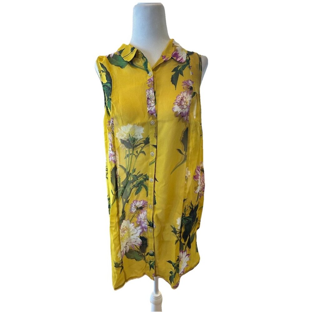 Maeve Anthropologie S 10 Sheer Women's Floral Yellow Tank Top Button Up Blouse